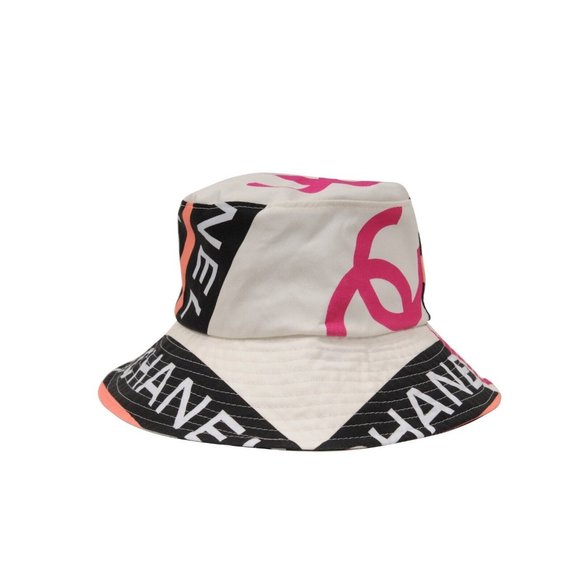 Chanel 22C CC Logo Bucket Hat Small S Pink White Black 100% Cotton Sun Cloche - Picture 4 of 16